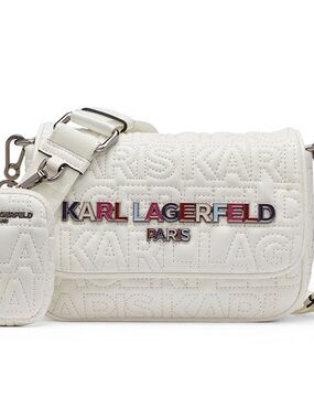 Karl Lagerfeld White Quilted Logo Crossbody with Multicolor Hardware